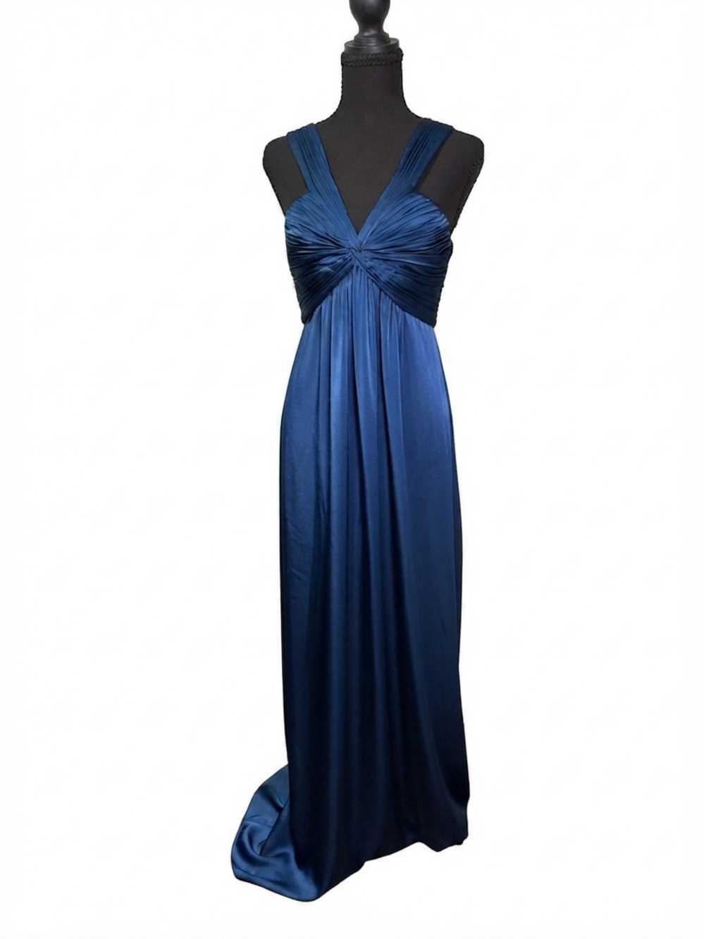 BCBGMAXAZRIA Navy Blue Satin Pleated Gown Dress, Size 4, V-Neck, Formal Evening
